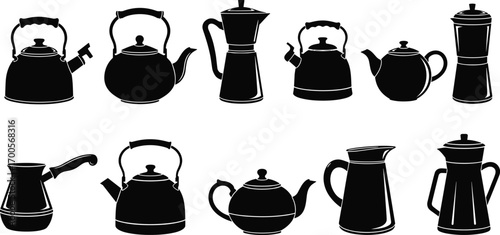Black silhouette illustration of twelve kettles, teapots, coffee pots, and pitchers, kitchenware collection concept, vector art, flat design, minimal style