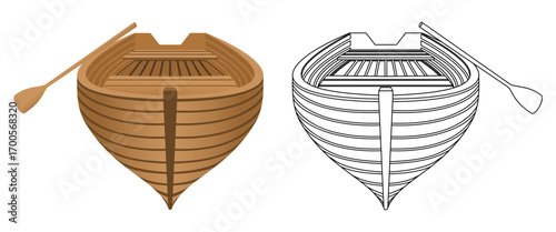 wooden boat with paddle front view vector illustration isolated on white background.