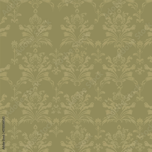 Ornate damask pattern in shades of olive green for elegant backgrounds and designs, seamless pattern, royalty stock.