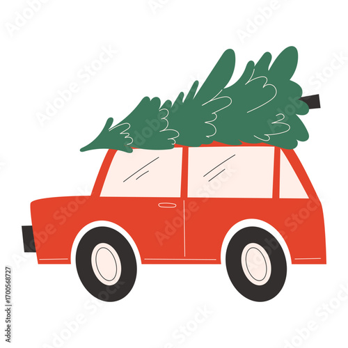 Red car carrying Christmas tree on roof for festive holiday celebration