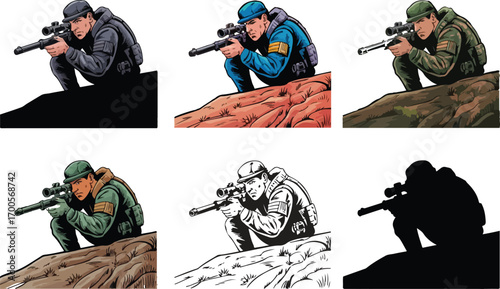 Tactical Sniper Soldier Vector Illustration set	

