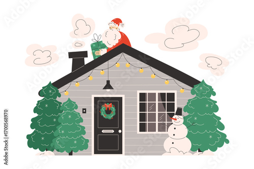 Christmas scene with Santa Claus climbing chimney on decorated house with snowman and trees