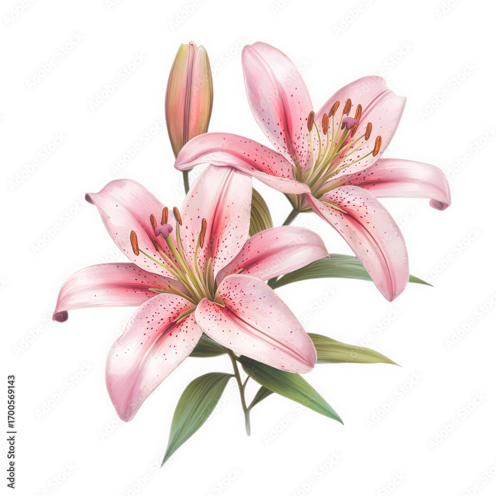 Naklejka premium Pink lilies and buds isolated on transparent background