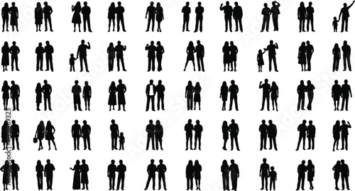 Black silhouette illustration of fifty‑six pairs of people, various poses and interactions, couple and family concept, vector art, flat design, minimal style
