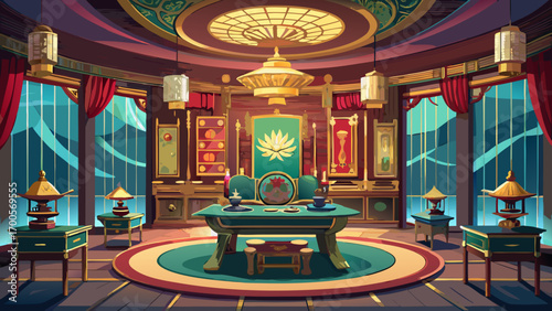Splendid panoramic 360 view of an oriental-inspired executive lounge, highlighting a dark rosewood desk, silk panel dividers, golden lanterns, and jade accents, merging tradition, refinement, and soph