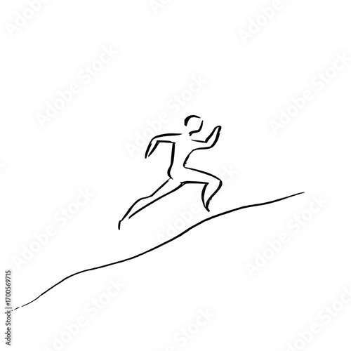 Minimalist running illustration for fitness and sports concept with runner on hill and white background
