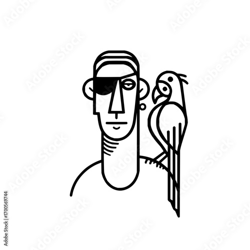 Pirate captain with parrot vector illustration line art style black and white design for sea adventure theme