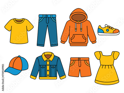 Colorful children's clothing and accessories flat icon set. Vector illustration of kids' apparel including a hoodie, jeans, dress, and shoes for design projects