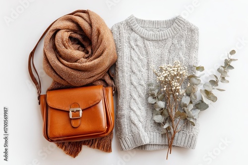 Flat lay of autumnal clothing and accessories.  A tan leather shoulder bag, a light gray cable knit sweater, a terracotta scarf, and a eucalyptus sprig rest on a white background