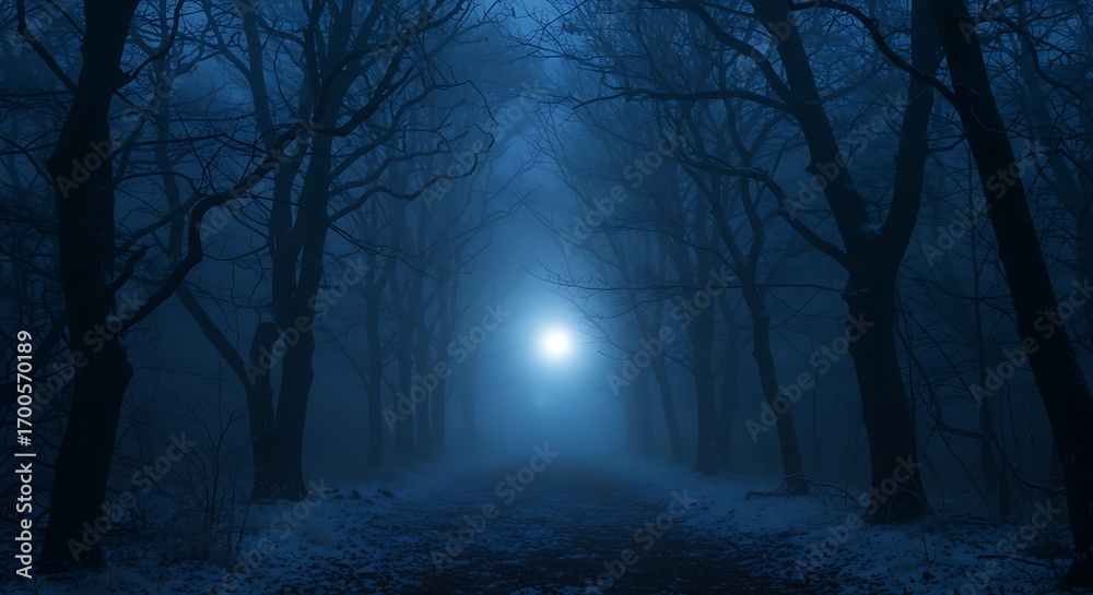Obraz premium Eerie forest path shrouded in fog, illuminated by a distant, bright light, creating a mysterious and atmospheric scene.