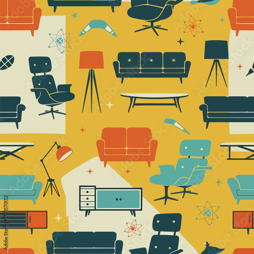 Mid-century modern furniture pattern showcases retro style with vibrant color palette, patern seamless, Stock royalty.