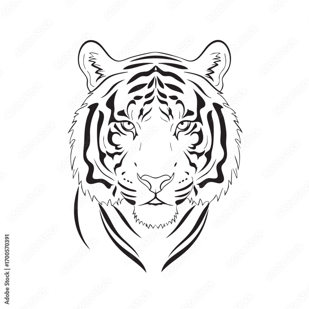 Fototapeta premium Vector Illustration of a Tiger Head in Minimalist Black and White Style Featuring Bold Stripes and Symmetrical Composition