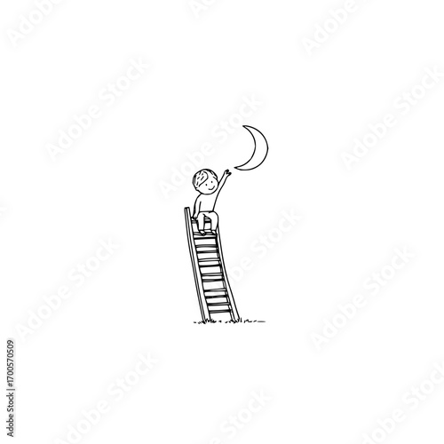 Illustration of a boy climbing ladder to reach the moon dream concept vector drawing line art simple design