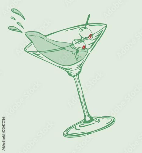 Spilled Martini Glass Sketch Drawing with Two Olives Full Color