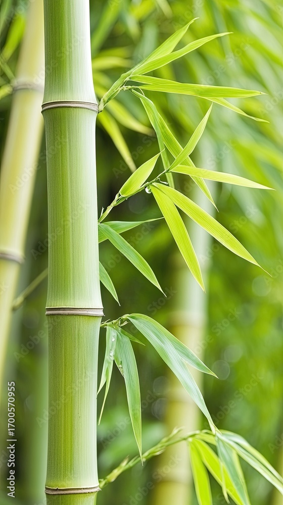 Obraz premium This image showcases vibrant green bamboo adorned with sparkling water droplets, set against a dreamy, blurred background ideal for wellness and nature-themed projects