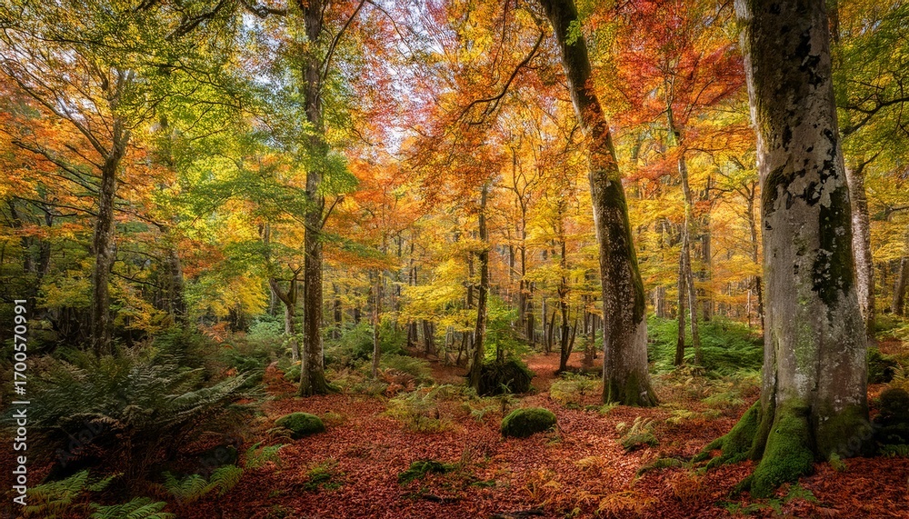 Obraz premium A Dense Forest Showcases A Stunning Array Of Autumn Colors With Green Orange And Yellow Leaves Blending Harmoniously As The Season Transitions