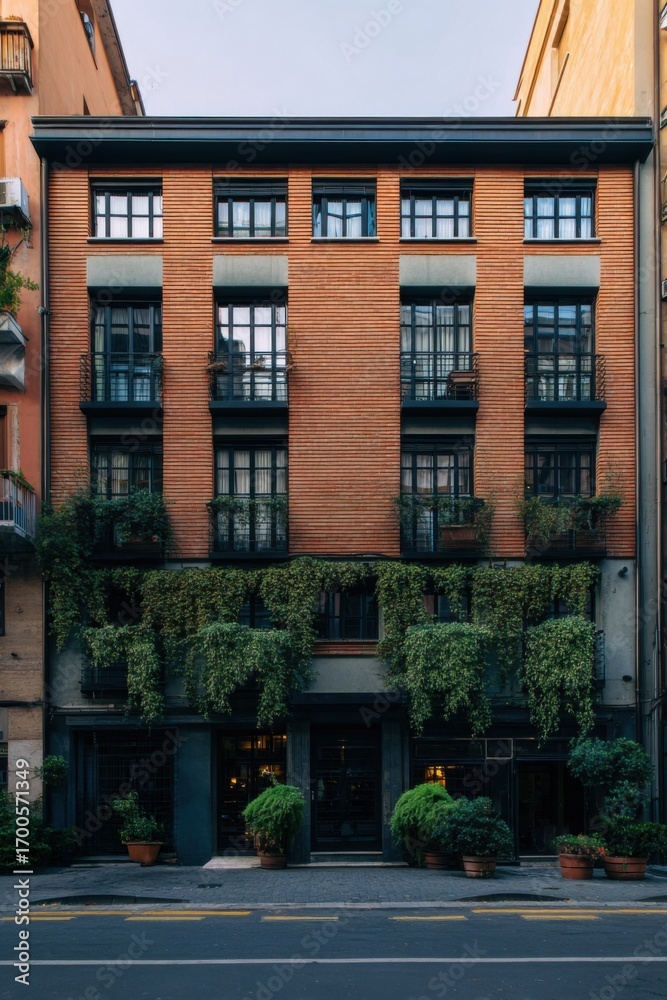 Naklejka premium Urban building with greenery, showcasing brick architecture and well-maintained pots, located in a vibrant city during late afternoon light