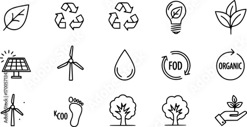 Set of Environmental Icons – Eco-Friendly Vector Symbols on White Background, Sustainability, Recycling, Green Energy, Nature Conservation, Zero Waste Illustrations