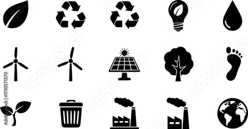 Set of Environmental Icons – Eco-Friendly Vector Symbols on White Background, Sustainability, Recycling, Green Energy, Nature Conservation, Zero Waste Illustrations