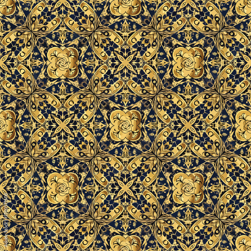 Intricate gold floral pattern on dark blue background creating a luxurious design, seamless pattern, Stock royalty image.