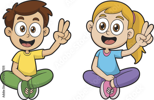 Happy cartoon boy and girl sitting cross-legged, smiling kids showing peace signs, cheerful children illustration, cute colorful vector, playful childhood friendship clipart art