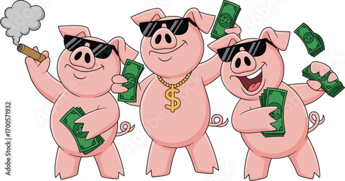 Cool cartoon pigs with money, funny gangster animals, rich pig characters, smoking cigar, sunglasses style, hip hop vibe, dollar bills, humorous vector illustration