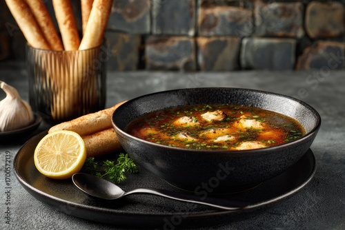 Dark bowl of soup with breadsticks, lemon, and garlic