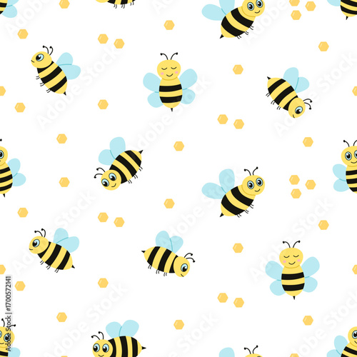 Seamless cartoon bees pattern. Funny bees background. Vector illustration, design for the nursery, wallpaper.