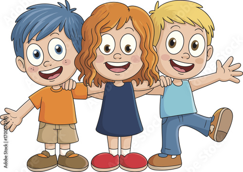 Smiling cartoon kids hugging, cute children characters, joyful friendship moment, playful school friends, happy diverse kids, cheerful group pose, fun vector illustration for children