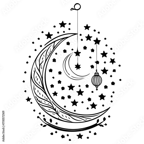hanging moon star Ramadan illustration sketch draw