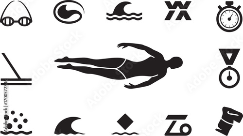 Diverse Swimming Icons with Swimmer Silhouette on Transparent Background for Design