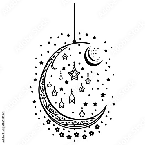 hanging moon star Ramadan illustration sketch draw