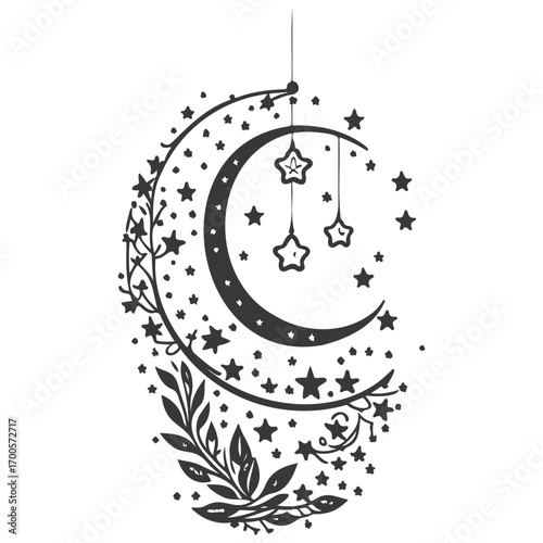 hanging moon star Ramadan illustration grey