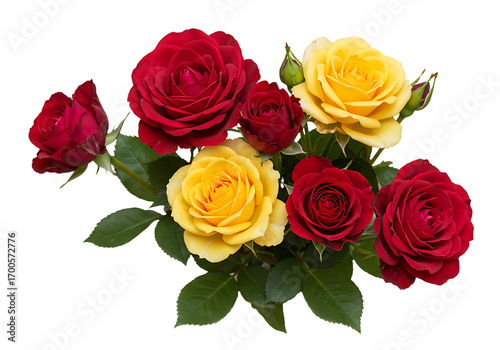 bouquet of red and yellow roses with green leaves isolated on white background