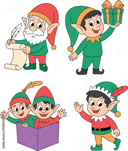 Cute Christmas elves cartoon vector, gift box, Santa’s helpers, holiday characters illustration, festive design, winter celebration, happy elf kids, colorful Christmas clipart