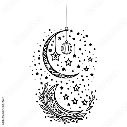 hanging moon star Ramadan illustration sketch hand draw