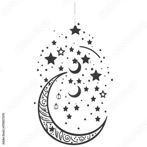 hanging moon star Ramadan illustration grey
