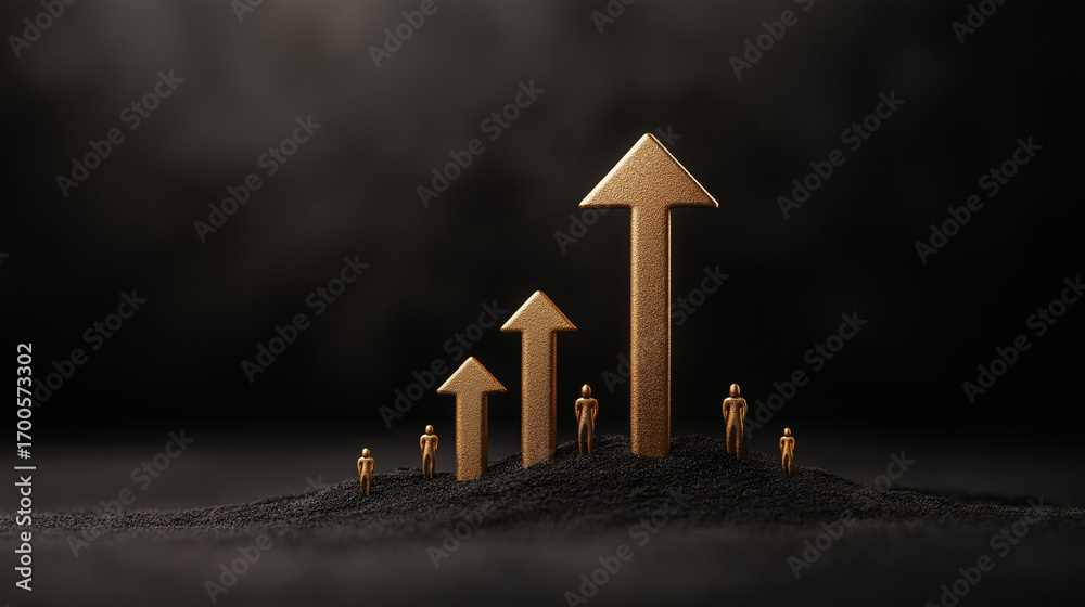 Fototapeta premium Growth graph with golden arrows and miniature figures on black background
