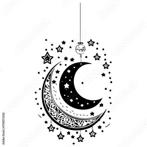 hanging moon star Ramadan illustration sketch draw