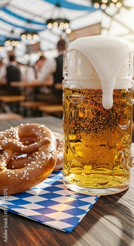 Traditional Bavarian beer mug with golden lager and salted pretzels on checkered napkin, festive outdoor Oktoberfest scene