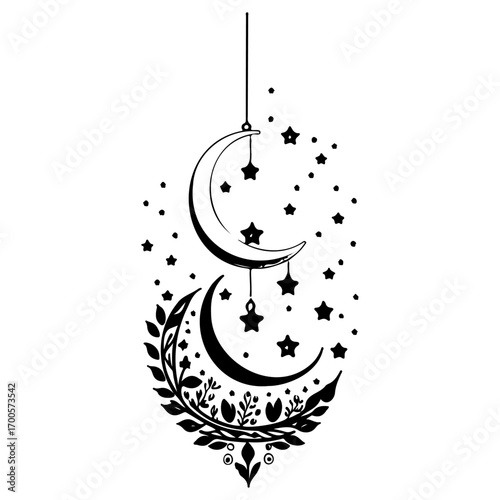 hanging moon star Ramadan illustration sketch draw