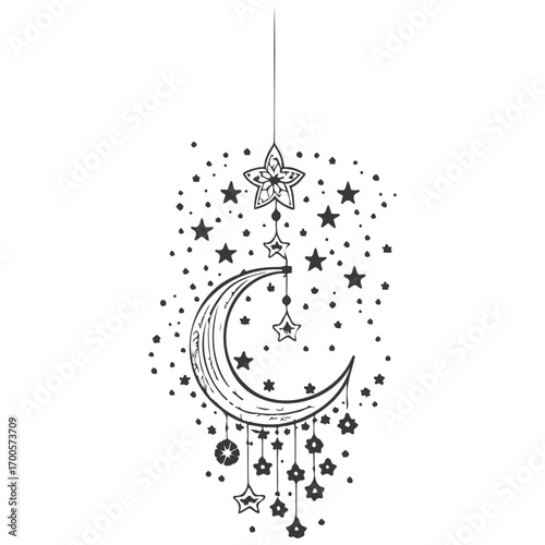 hanging moon star Ramadan illustration grey
