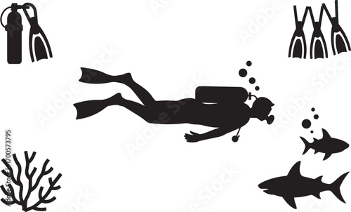 Scuba Diver Silhouette Underwater Scene with Marine Life and Diving Gear Vector Art
