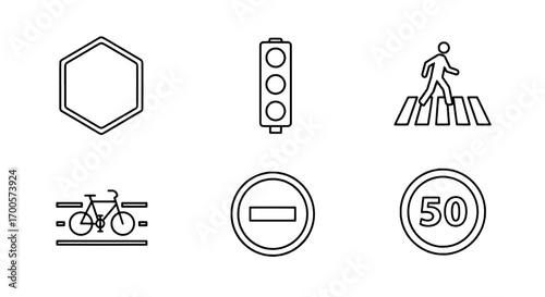 Traffic and Road Signs Collection in Minimalist Outline Style