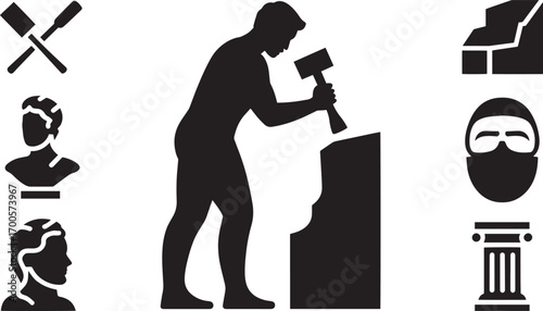Sculptor at Work Silhouette A Craftsman Shaping Stone with Hammer and Chisel Vector