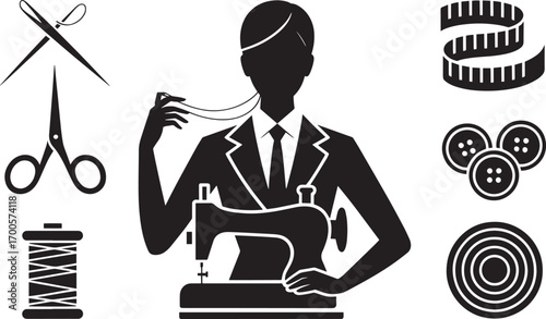 Seamstress Silhouette at Sewing Machine with Tools on Transparent Background for Crafts