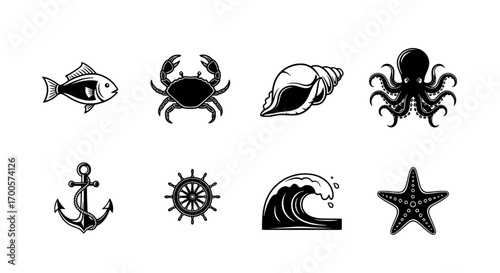 Seaside Charm Black and White Nautical Icons Set