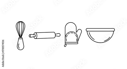 Baking Tools Outline Icons Whisk, Rolling Pin, Glove, and Bowl