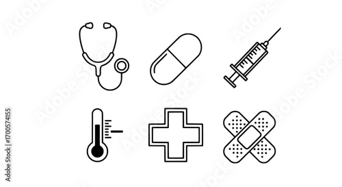 Medical Icon Set Stethoscope, Pills, Syringe, Thermometer, Cross and Bandages