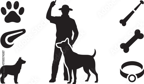 Silhouette Depiction of a Dog Trainer with Dogs, Paw Print, Bone, and Collar on Transparent
